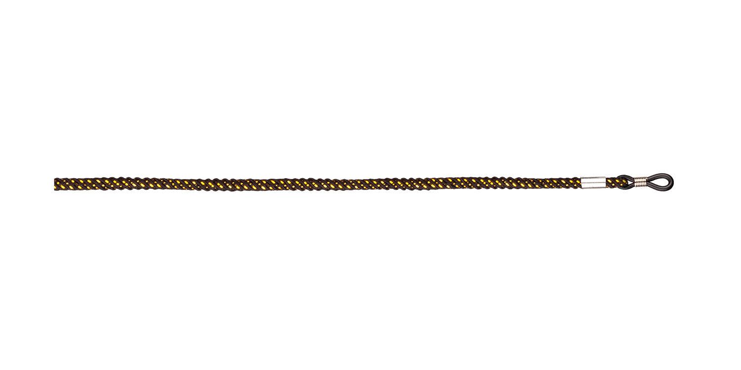 Zwart-goudkleurig gevlochten brillenkoord. Lussen voor bevestiging aan de pootjes. Metalen details.