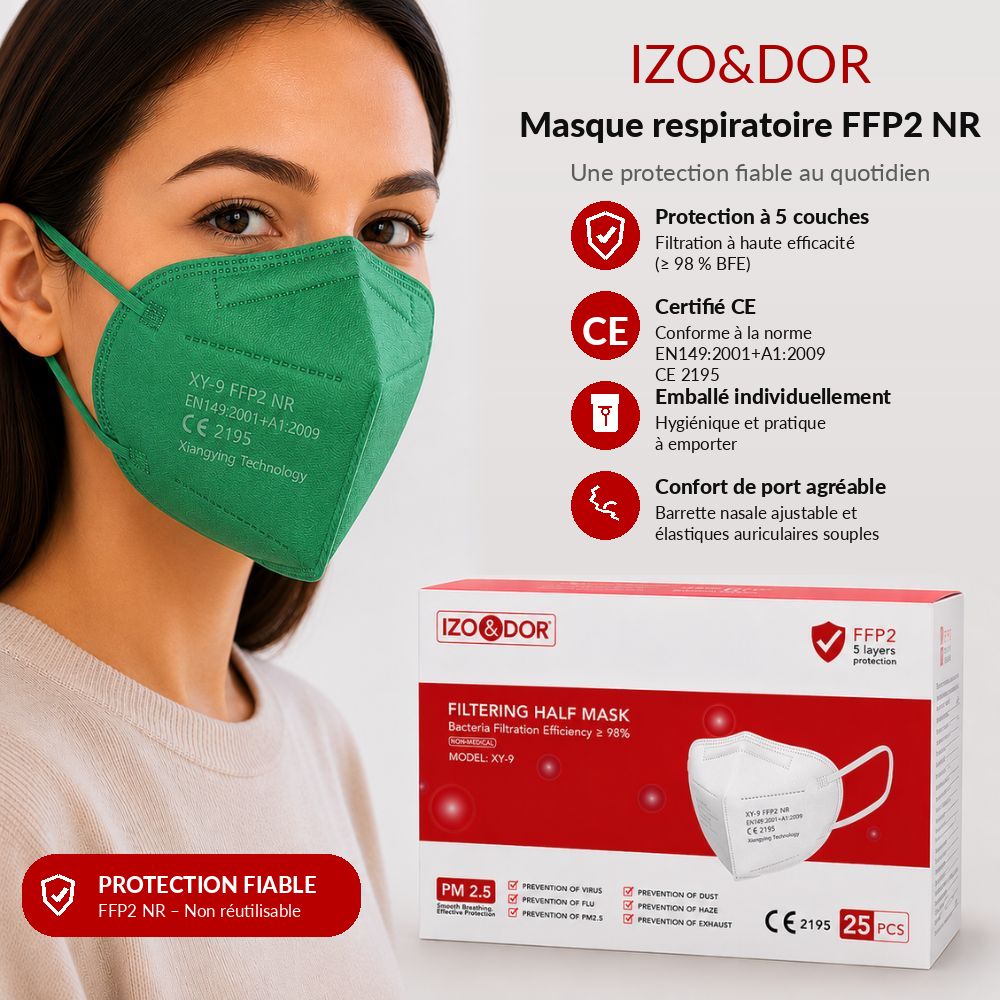 Boîte de masques FFP2 : 25 pièces, CE 2195, protection 5 couches, efficacité de filtration >98%.