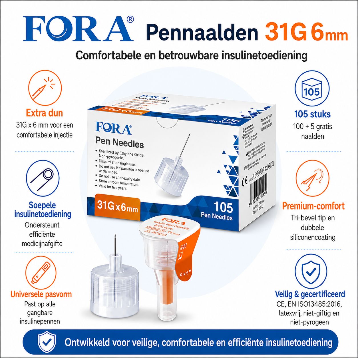 FORA Pennaalden 31G x 6mm. Extra dun, soepele toediening, universele pasvorm. 105 stuks.