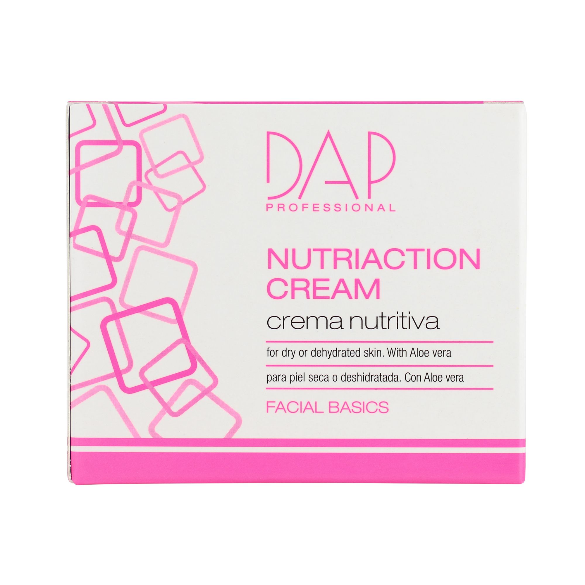 Verpakking DAP Professional Nutriaction Cream. Witte doos met roze geometrische patronen.