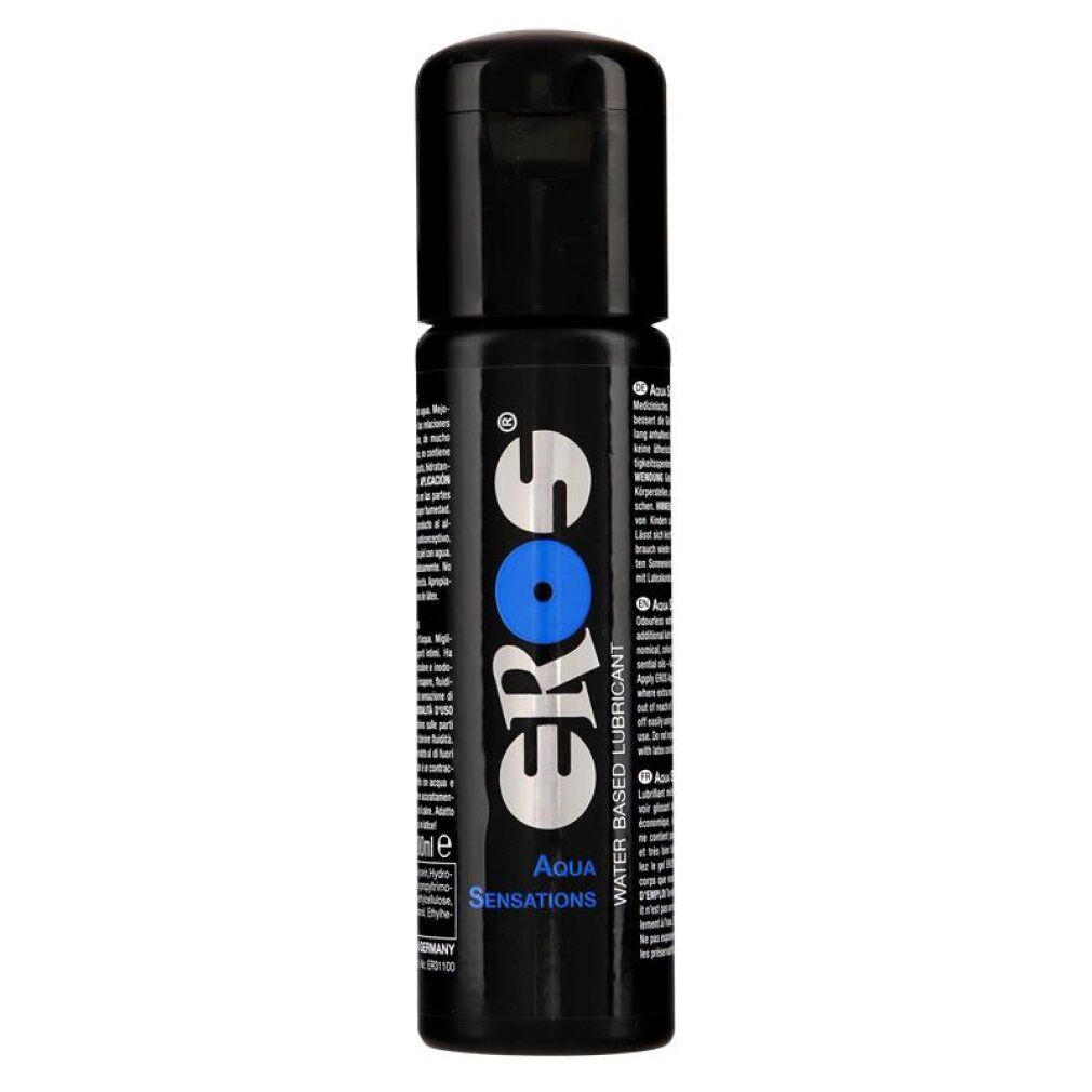 Lubrifiant EROS Aqua Sensations dans une bouteille noire avec bouchon rabattable.