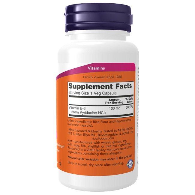 Dos de Now Foods Vitamine B-6 Pyridoxine 100 mg Capsules, 100 unités.