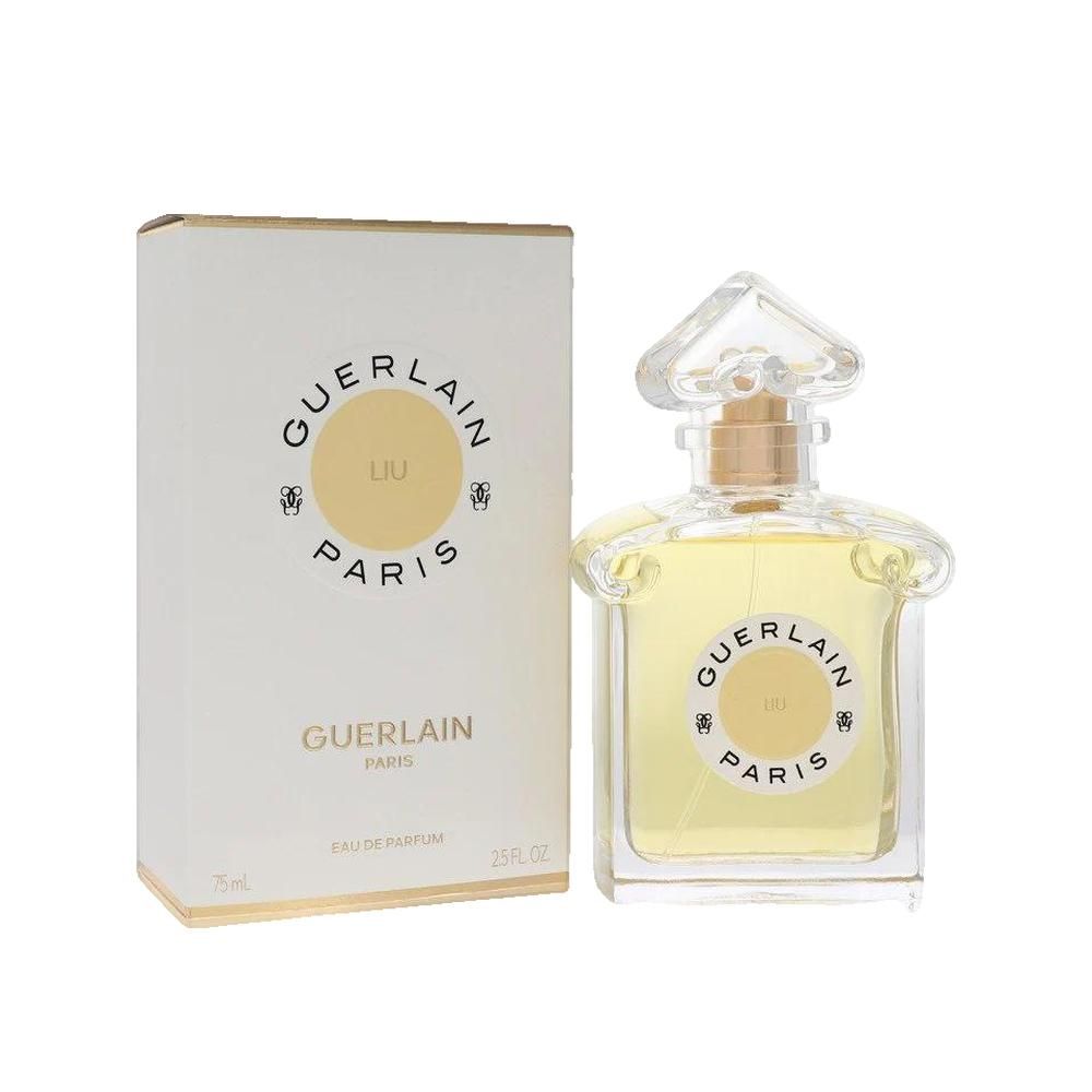 Flacon de parfum et emballage. Inscription "Guerlain Paris Liu".