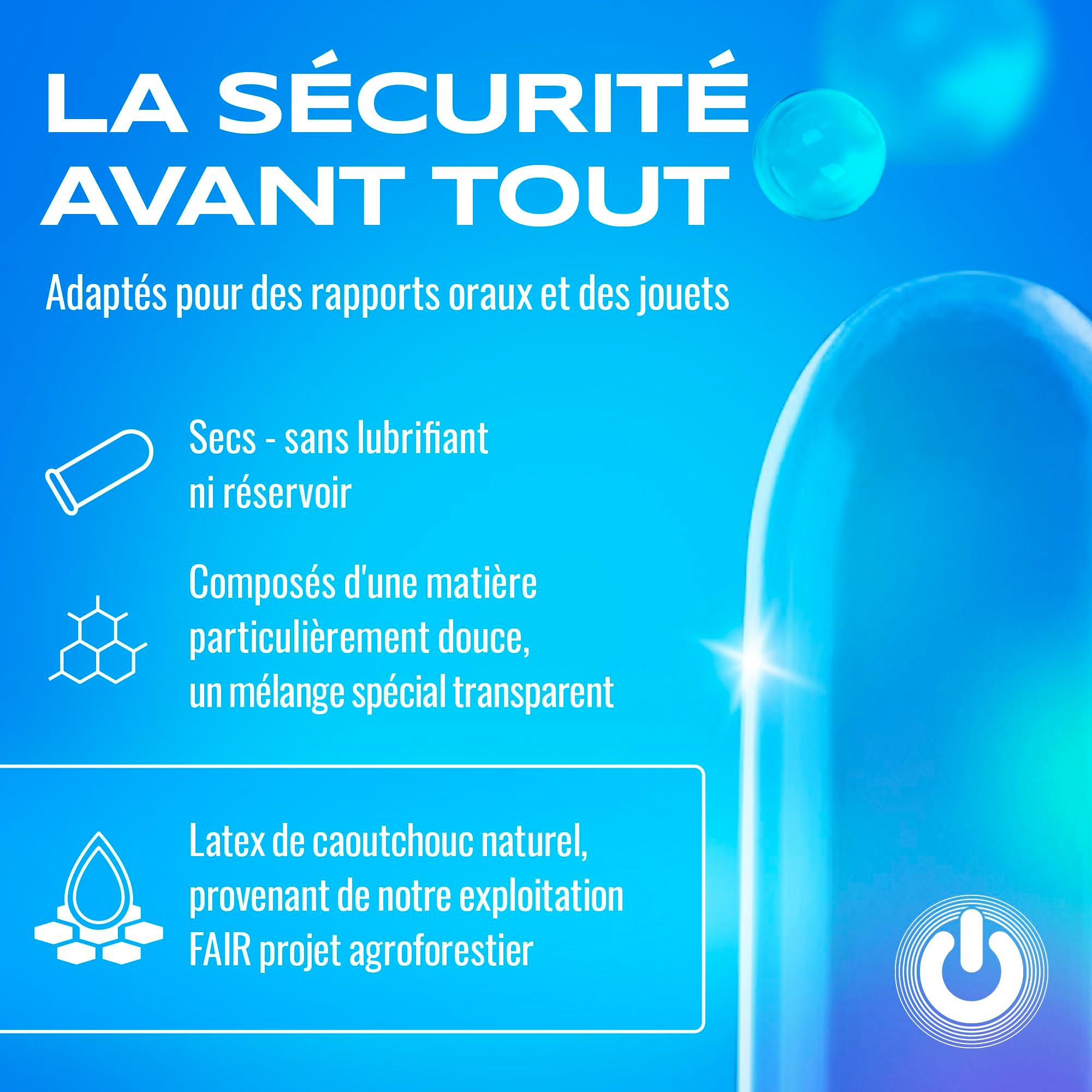 Emballage de 100 préservatifs, bleu et blanc, avec marquage CE.