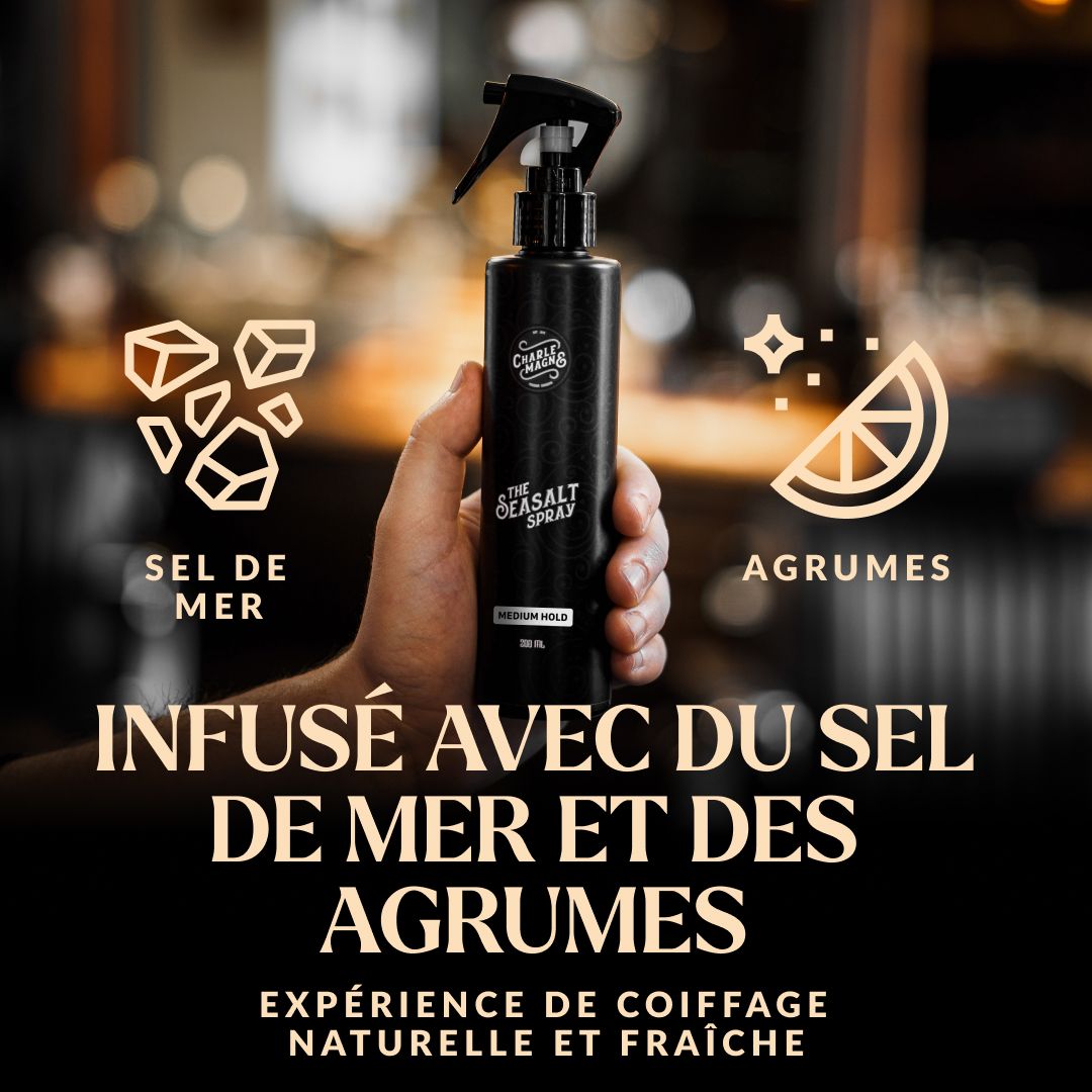 Un flacon pulvérisateur avec étiquette, à côté de symboles de sel marin et d'agrumes.