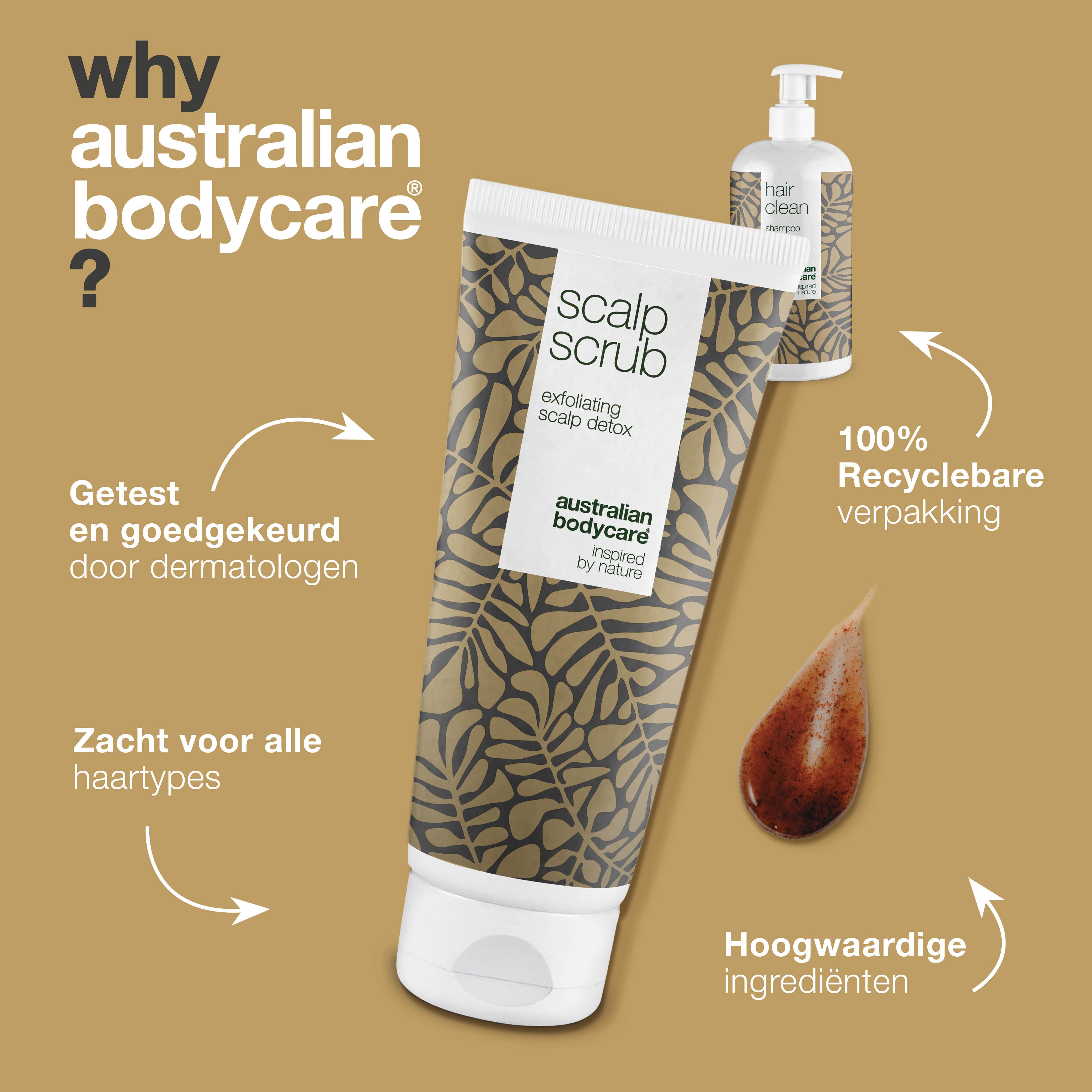 Scrubtube en shampoofles. Getest door dermatologen. 100% recyclebare verpakking. Merk: Australian Bodycare.