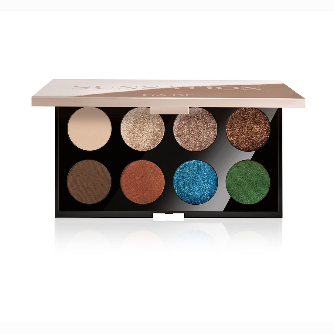 Palette de fards à paupières avec huit teintes rondes. Couvercle avec texte. Base noire, couleurs: beige, or, marron, bleu, vert.