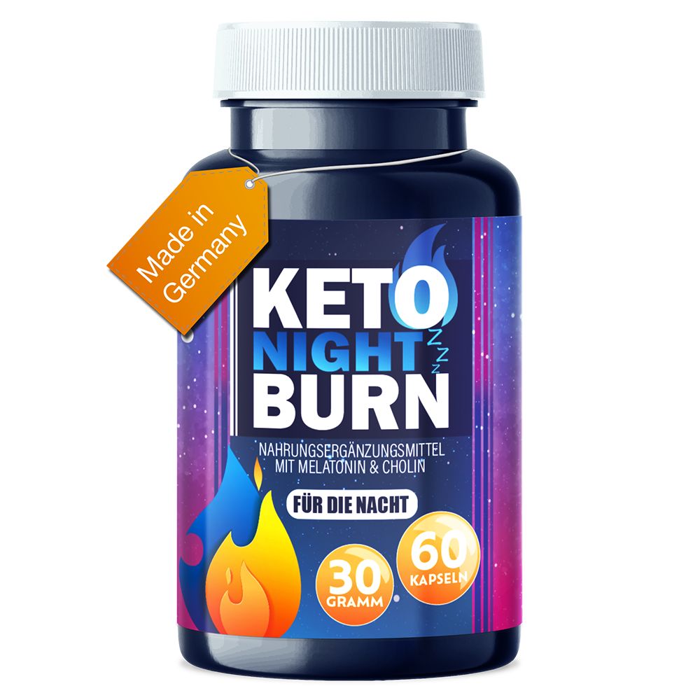 Flacon bleu avec bouchon blanc. Inscription : KETO NIGHT BURN. 30 grammes, 60 gélules. Étiquette : Made in Germany.