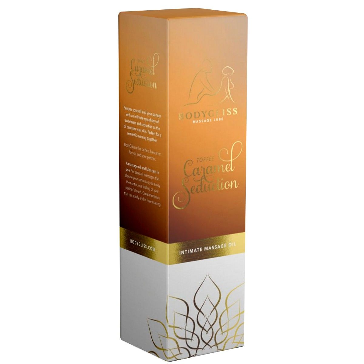 Emballage en carton. Inscription : BodyGliss, Toffee Caramel Seduction, Intimate Massage Oil. Ornements dorés.