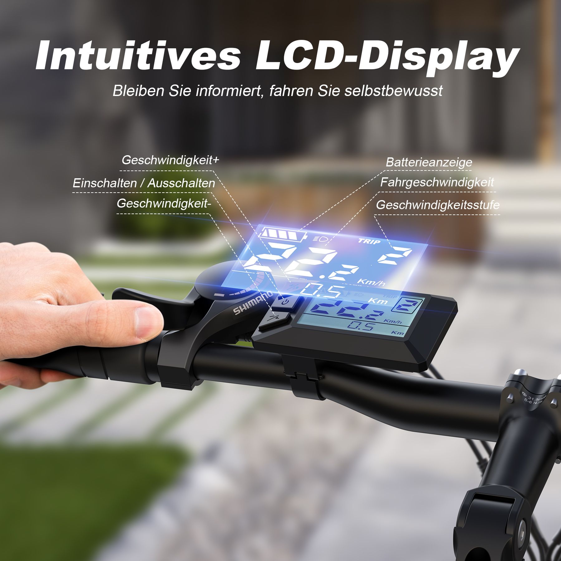 Écran LCD avec affichage de la vitesse, de l'état de la batterie et d'autres informations. Guidon noir.