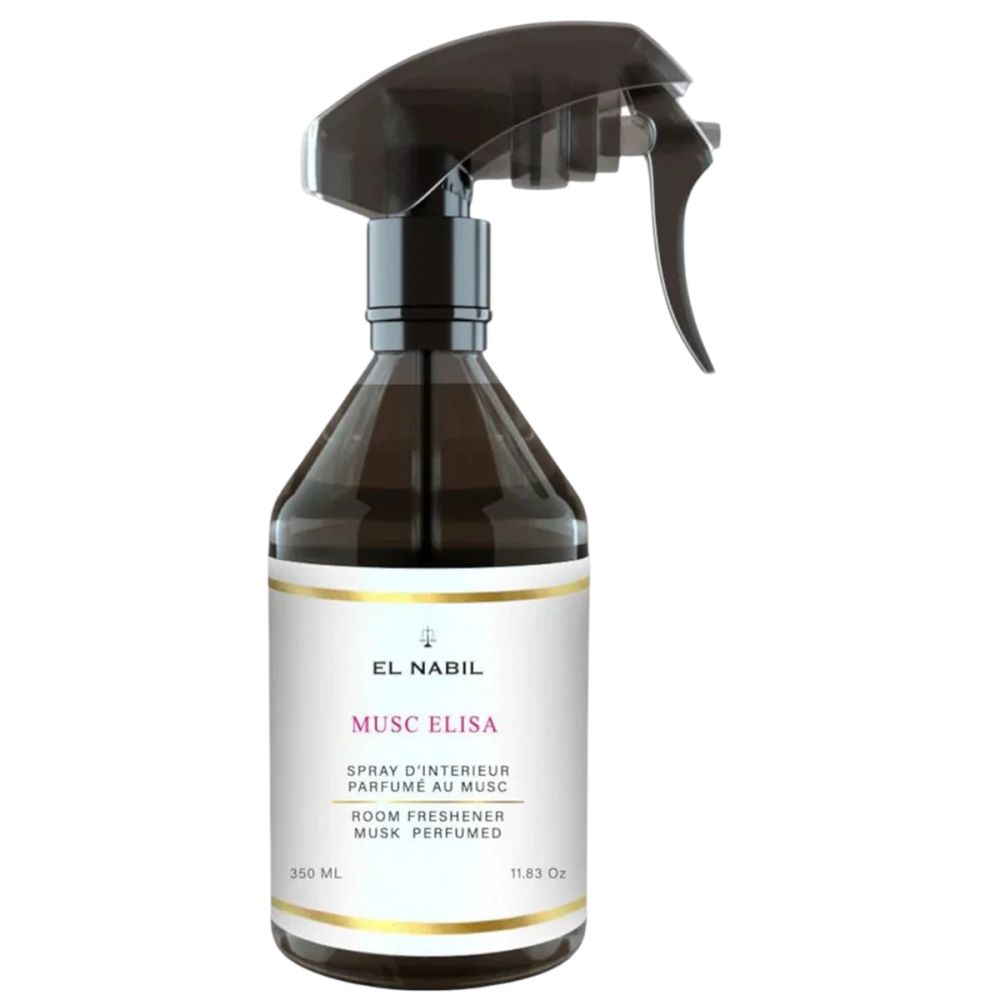Flacon pulvérisateur brun avec tête noire. Étiquette avec nom et texte du produit. Accents dorés. Indication de volume : 350 ml.
