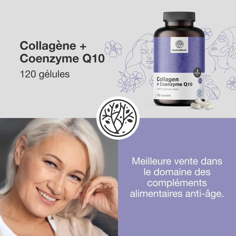 Image produit et femme. Flacon avec gélules. Inscription : Collagène + Coenzyme Q10. 120 gélules. Logo HealthyWorld. Texte: Anti-âge.