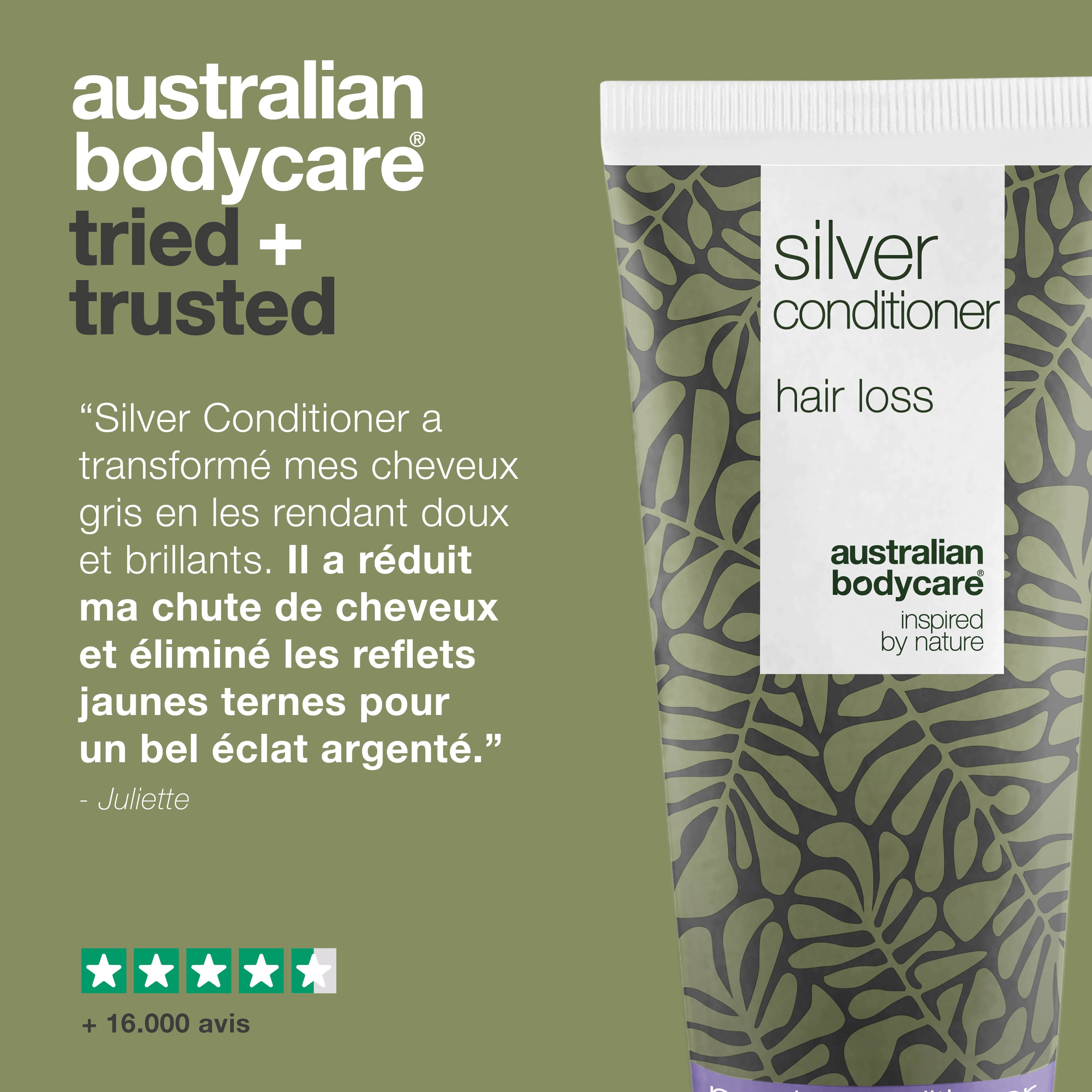 Tube de revitalisant. Texte : Silver Conditioner, perte de cheveux. Marque : Australian Bodycare. Texte : Essayé + approuvé.