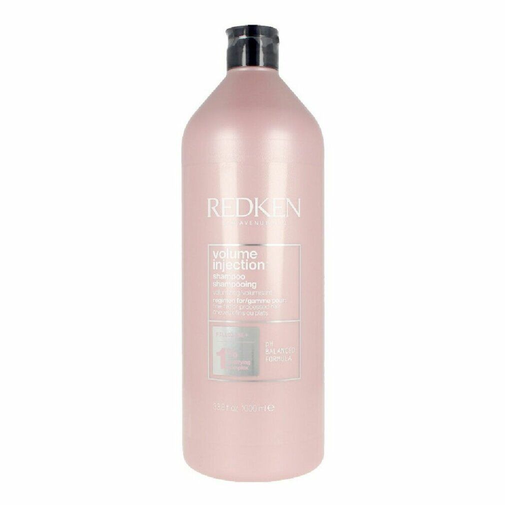 Flacon de shampooing rose avec bouchon noir. Inscription: REDKEN, Volume Injection Shampoo. 1000 ml.