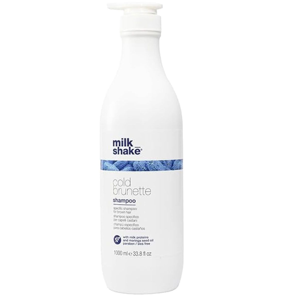 Flacon pompe blanc milk_shake Cold Brunette Shampoo pour cheveux bruns. Contient 1000 ml.