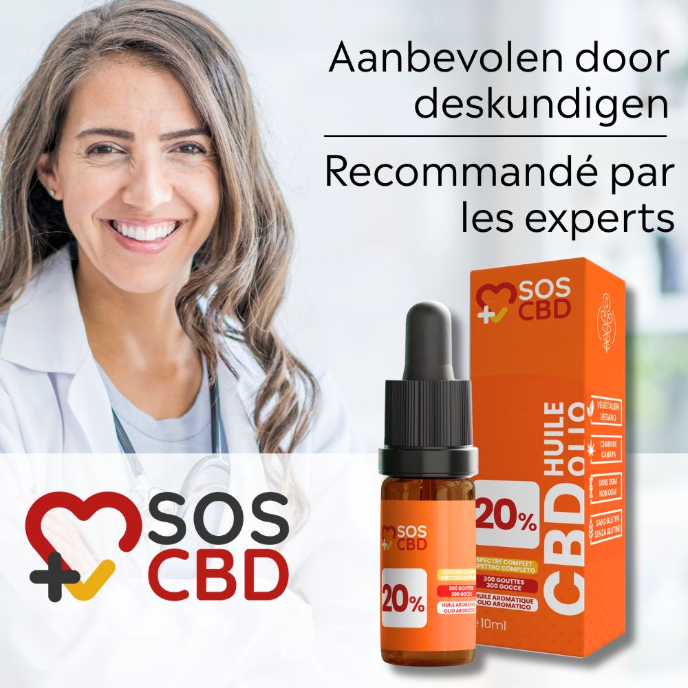 Vrouw in witte jas met product. Product: fles en verpakking. Tekst: SOS CBD 20%.