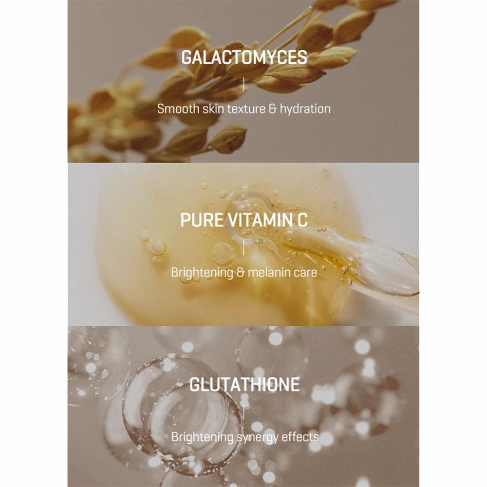Trois sections avec texte et images. Galactomyces, Vitamine C, Glutathion. Texte : texture, éclaircissement, synergie.