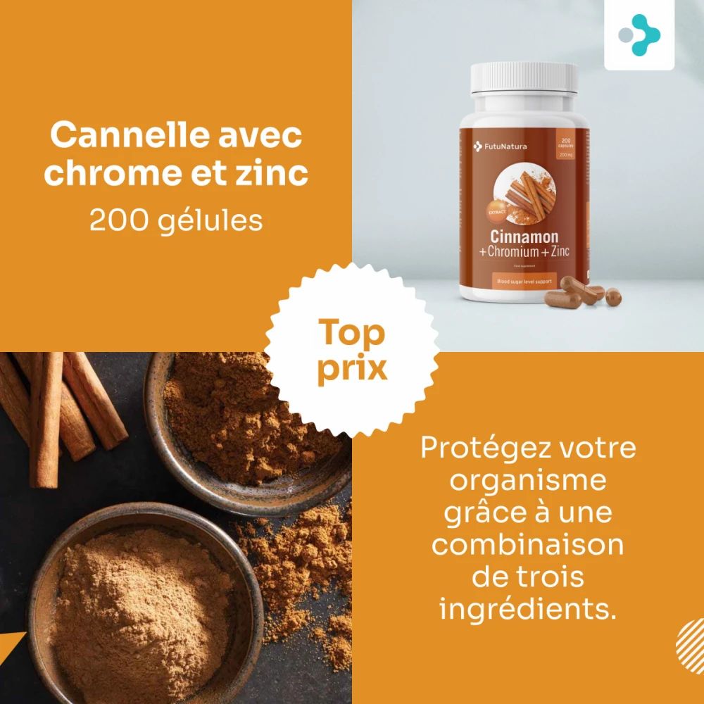 Flacon "Cinnamon + Chromium + Zinc". Poudre de cannelle dans des bols. Bâtons de cannelle. Texte : "Top prix".