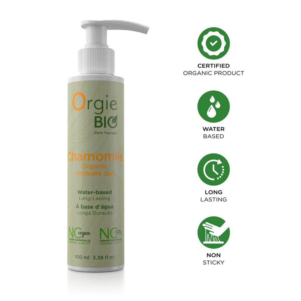 Fles met pompdispenser, Orgie Bio Kamille Intieme Gel, 100ml.