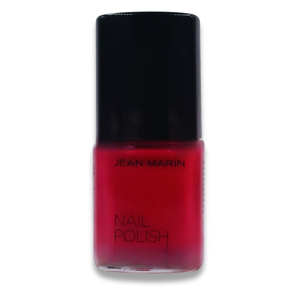 Flacon de vernis à ongles rouge avec bouchon noir. Marque Jean Marin. Nom du produit et 'Nail Polish' visibles.