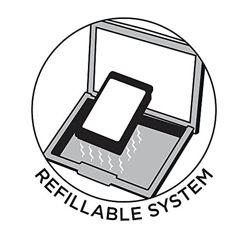 Cirkelvormige illustratie. Een rechthoekig poederblok wordt uit een open houder gehaald. Opschrift: REFILLABLE SYSTEM.