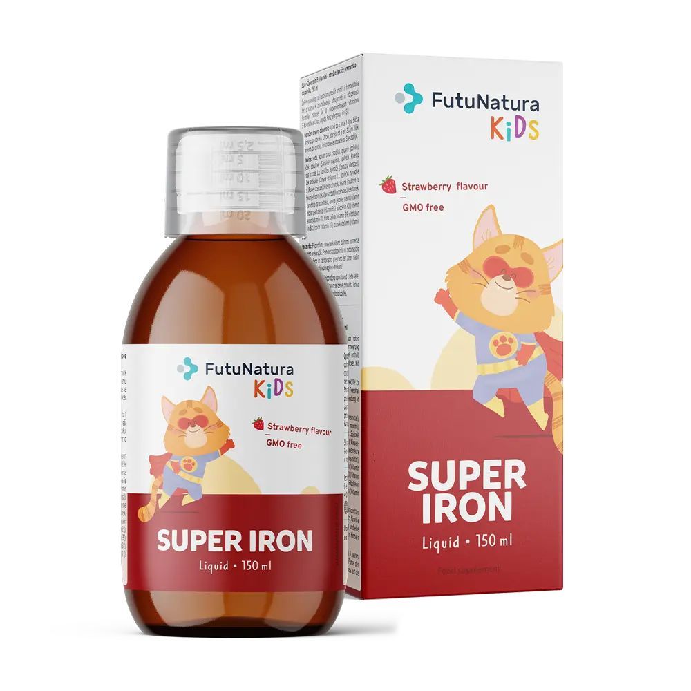 Fles en verpakking FutuNatura Kids Super Iron. Aardbei smaak, vloeibaar, 150 ml.