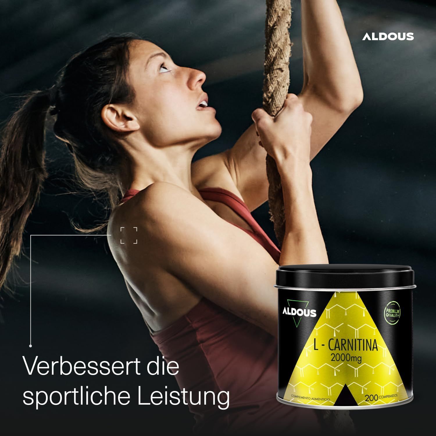 Femme grimpant une corde : L-Carnitine Aldous améliore la performance sportive. Boîte de 200 comprimés, 2000 mg de L-Carnitine.