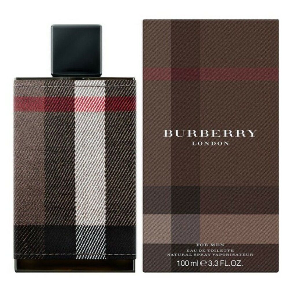 Flacon avec bouchon noir et emballage. Les deux présentent le motif à carreaux Burberry. "BURBERRY LONDON" est écrit sur l'emballage.