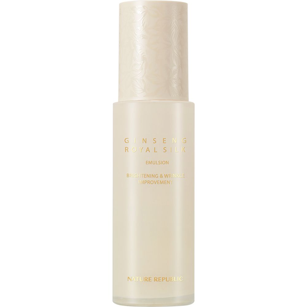Beige fles met pomp, Ginseng Royal Silk Emulsion. Tekst: Brightening & Wrinkle Improvement. Merk: NATURE REPUBLIC.