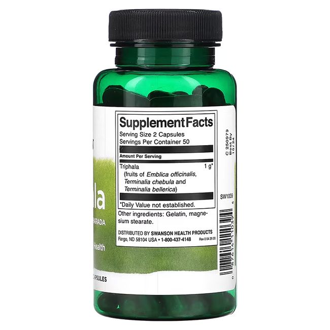 Achterkant van een groene fles. Opschrift: Supplement Facts. Triphala. Ingrediënten: Amla, Behada, Harada. 1g per portie. 50 porties.