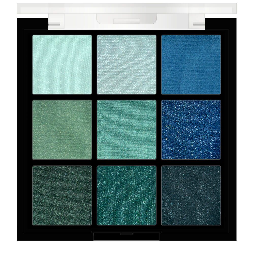 Oogschaduwpalette met negen matte en glinsterende blauwe en groene tinten.