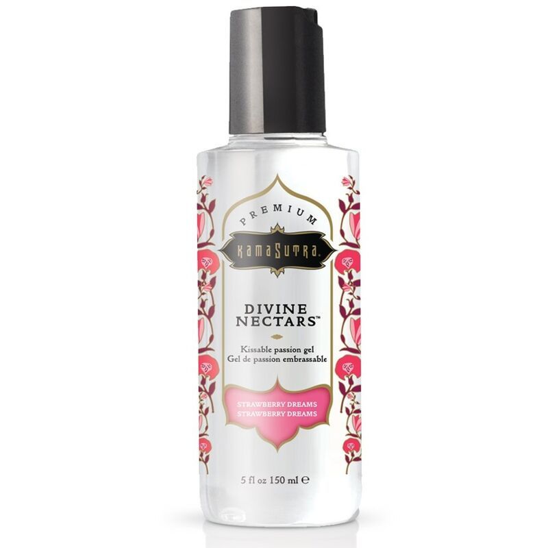Gel KamaSutra Divine Nectars Strawberry Dreams dans une bouteille transparente avec un bouchon noir. 150 ml.