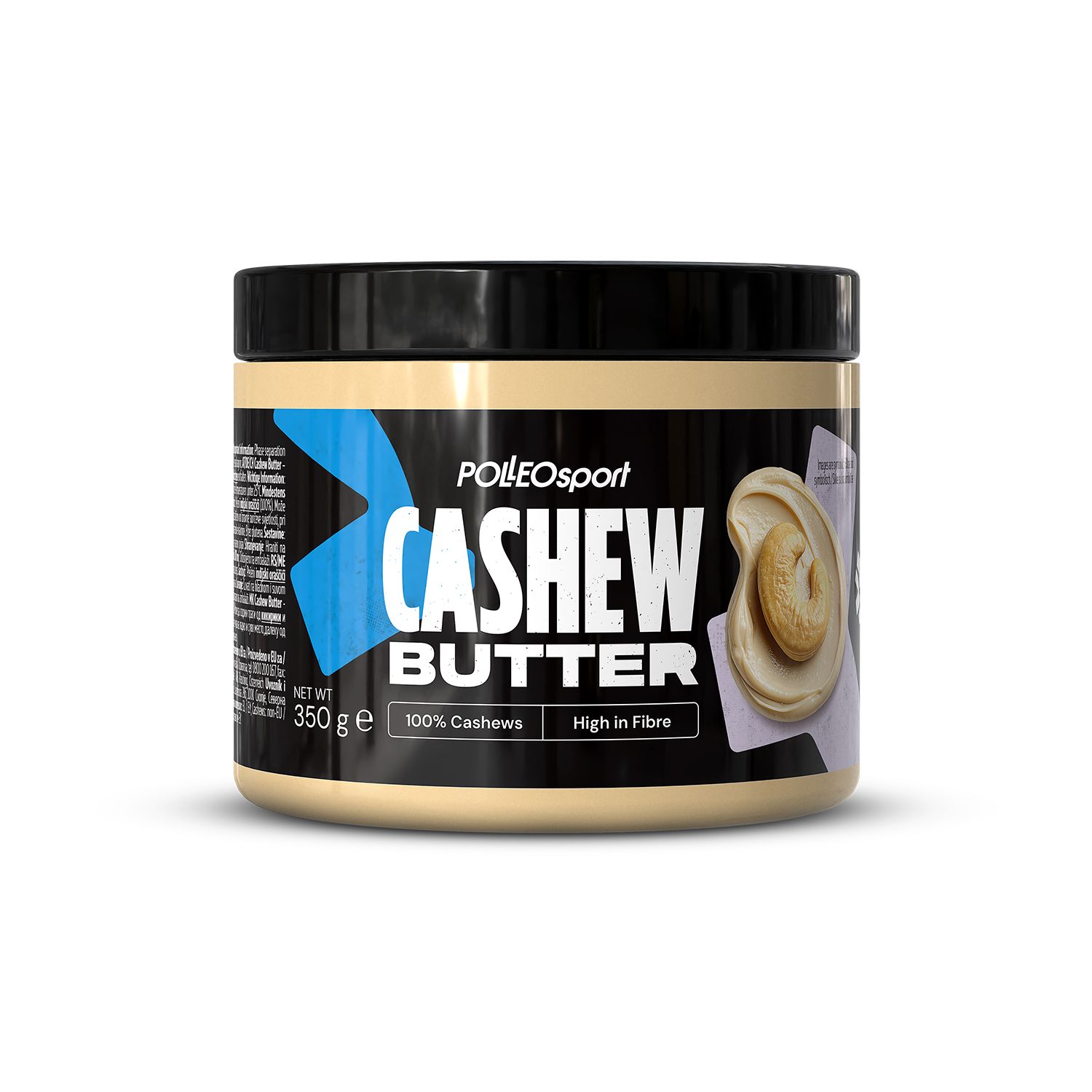 PÖLLOsport Cashewnotenboter in een pot met zwart deksel. 350g. Bevat 100% cashewnoten, rijk aan vezels.