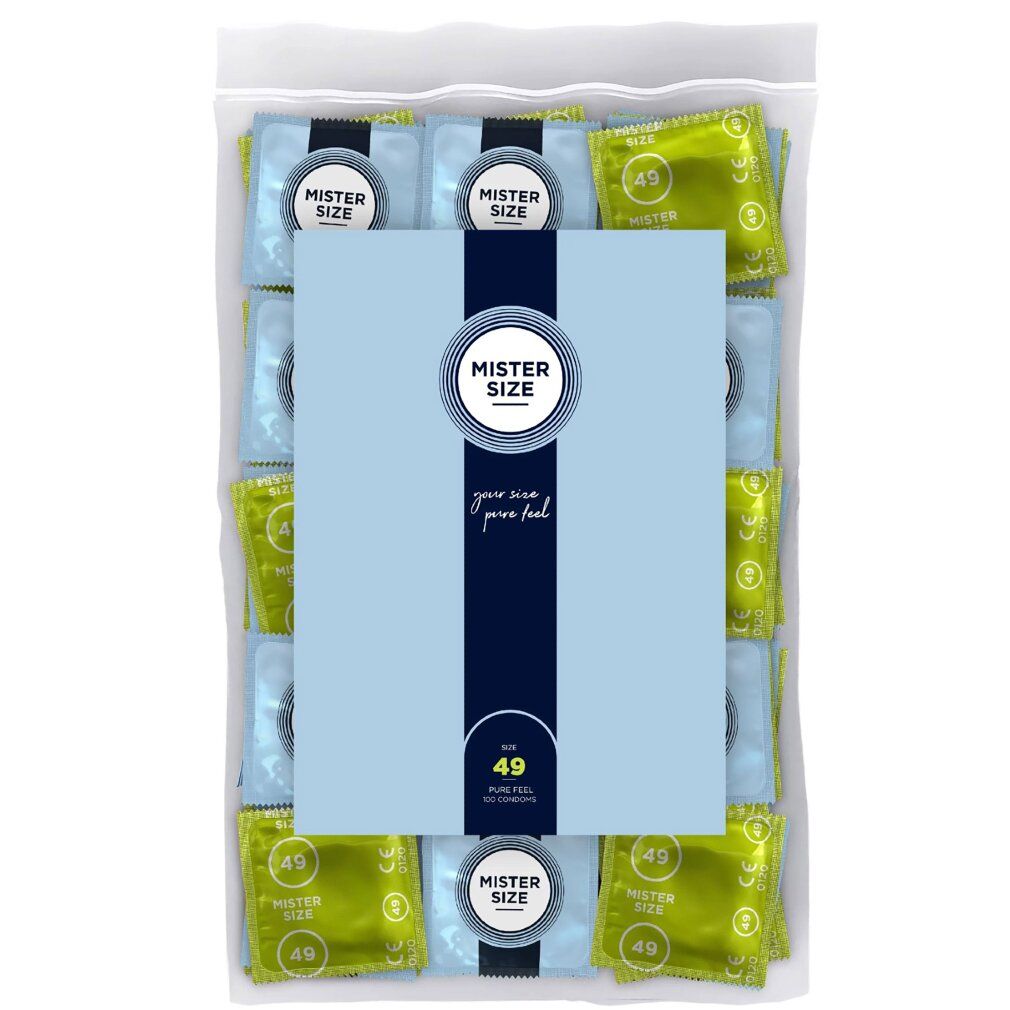 Zak met condooms. Blauwe en groene individuele verpakkingen. Opschrift: Mister Size, 49.