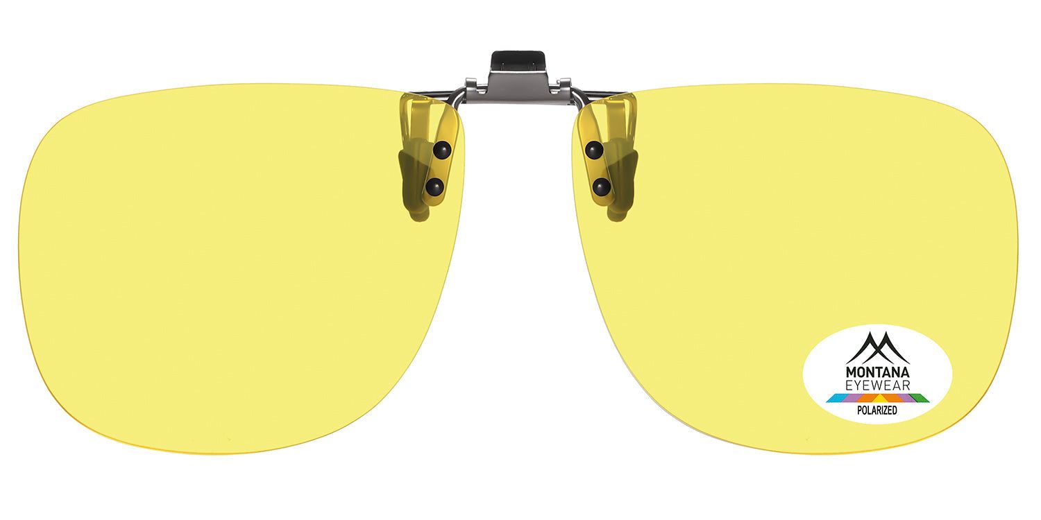 Lunettes de soleil à clip jaunes. Monture métallique. Logo Montana Eyewear et étiquette polarisée.