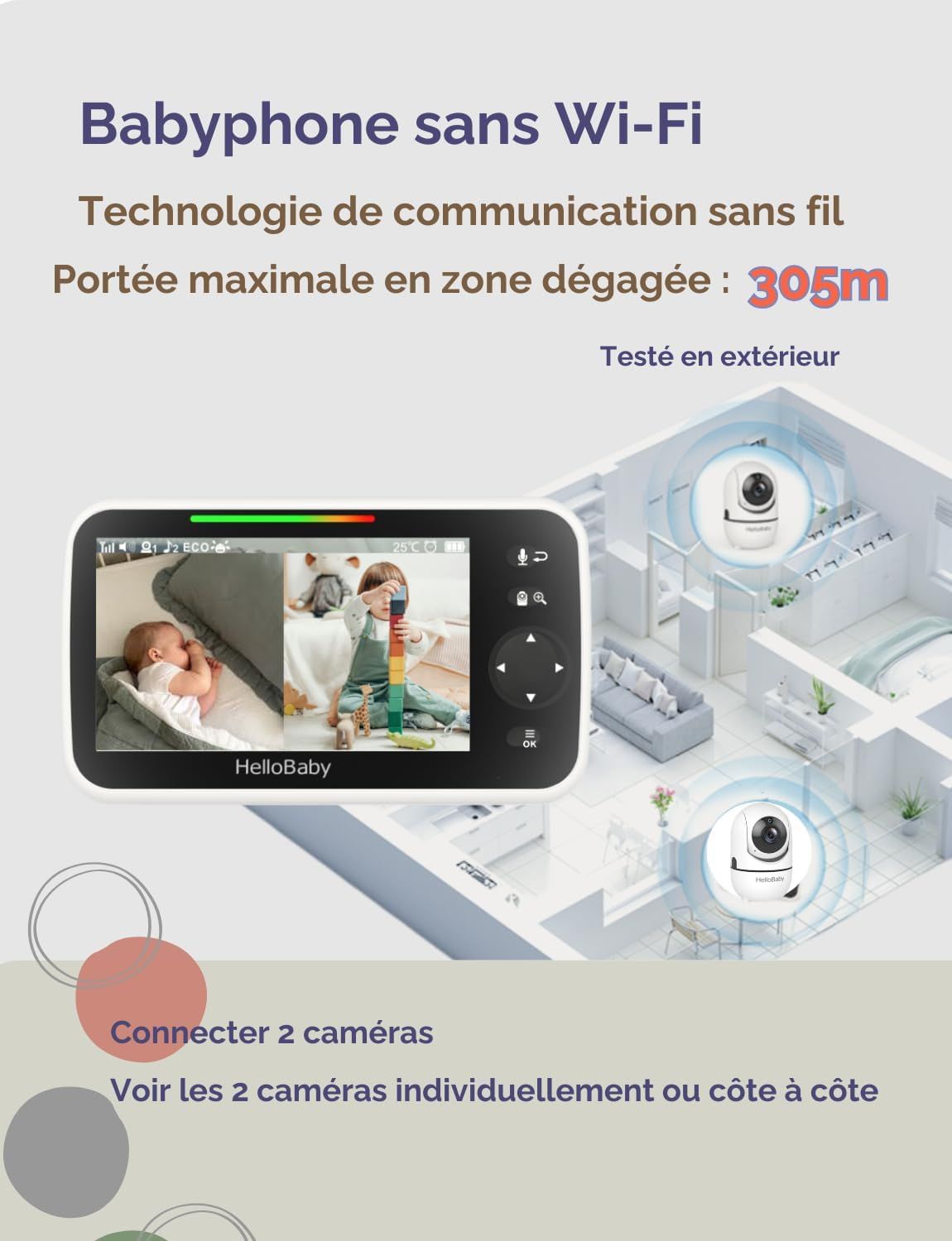 Babyphone sans Wi-Fi avec portée de 305m. Affiche deux caméras simultanément à l'écran.