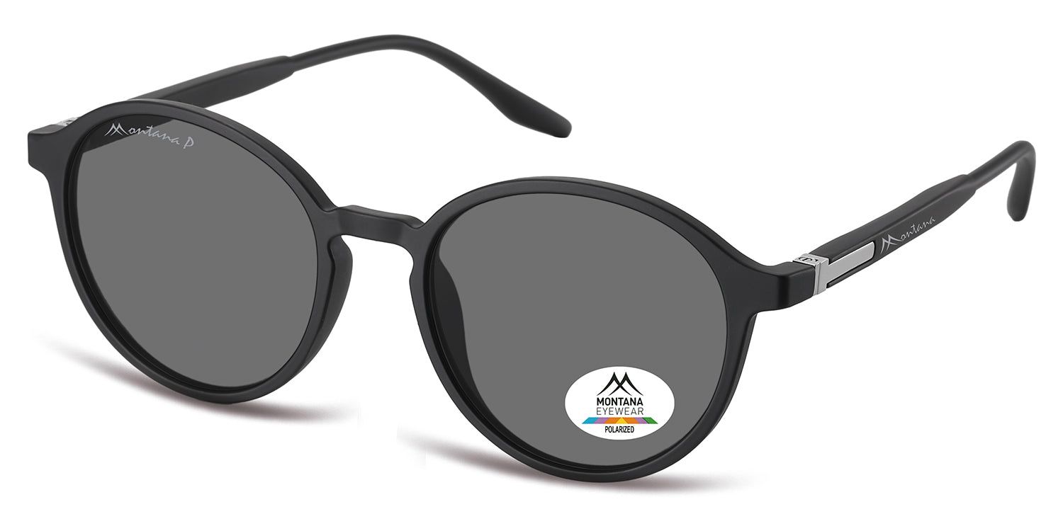 Lunettes de soleil noires avec verres ronds. Logo Montana Eyewear sur la branche. Verres polarisés. Autocollant logo sur la lentille droite.
