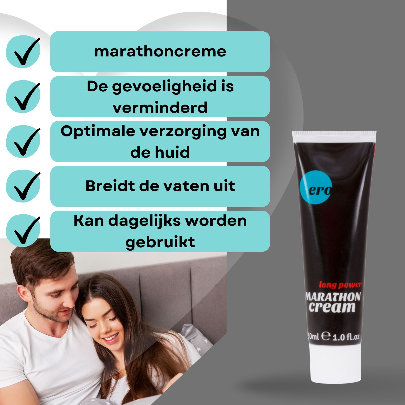 Man met handen op hoofd. Twee dozen met opschrift: Marathon Cream. Merk: ero. 30ml.