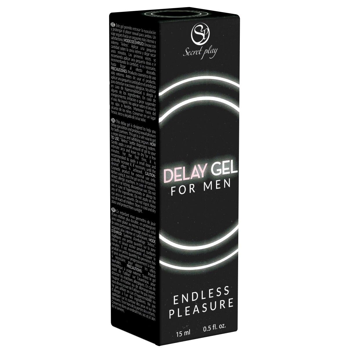 Zwarte verpakking met "DELAY GEL FOR MEN" en "ENDLESS PLEASURE". Merk: Secret Play. 15 ml.