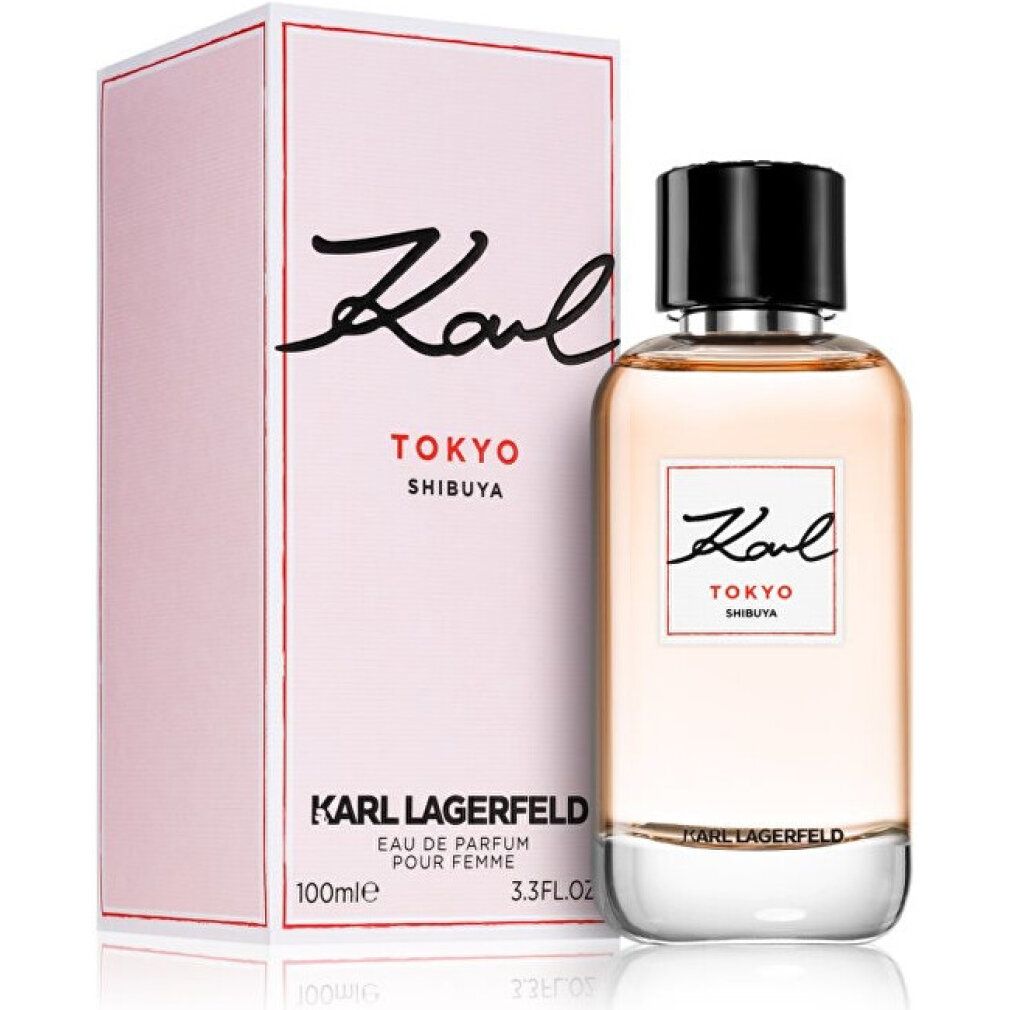 Flacon et emballage Karl Lagerfeld Tokyo Shibuya. Bouchon noir, étiquette blanche avec texte. 100ml.