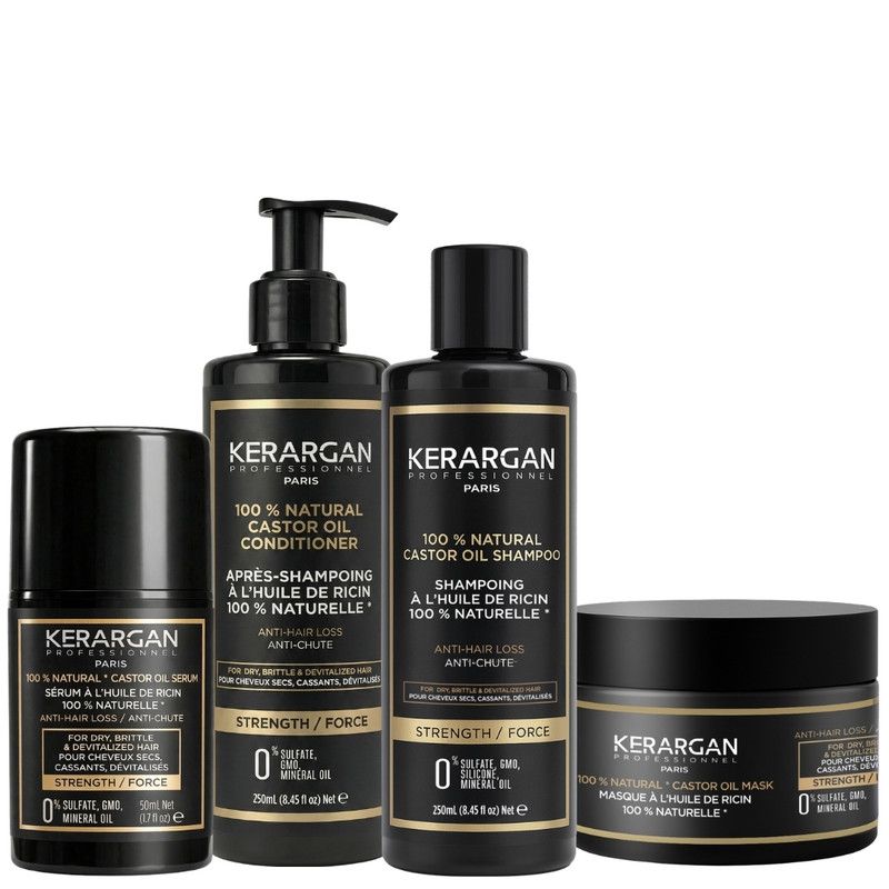 Vier zwarte haarproducten: serum, conditioner, shampoo en masker. Opschrift: Kerargan, 100% natuurlijke castorolie, anti-haaruitval.