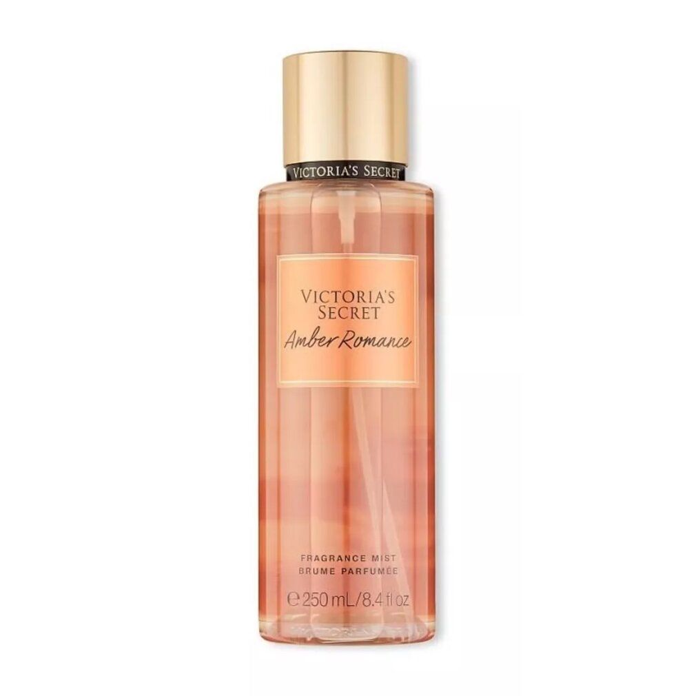 Victoria's Secret Amber Romance body mist, 250ml. Flacon met gouden dop, vooraanzicht.