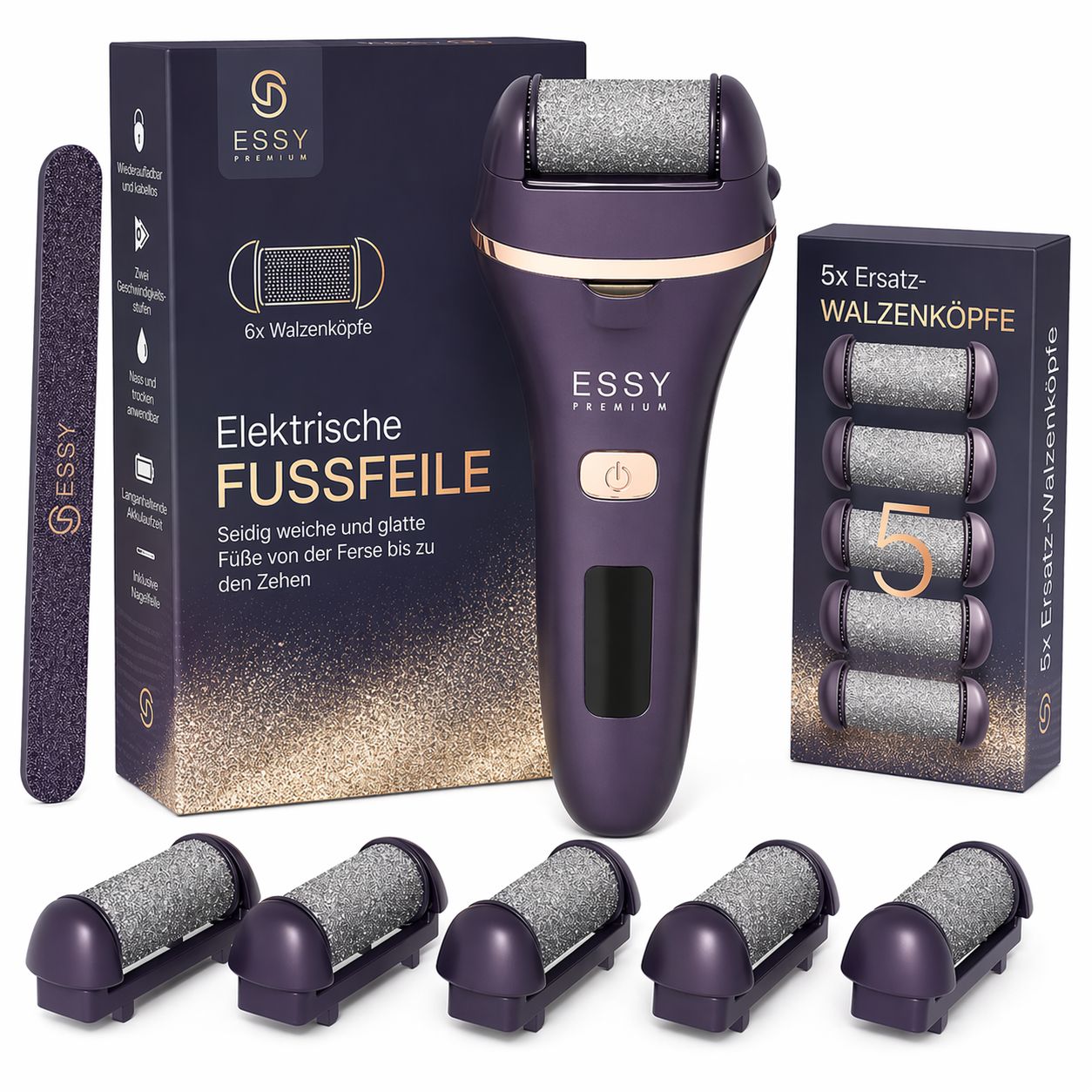Défroisseur électrique violet avec 6 rouleaux de remplacement et lime à ongles.
