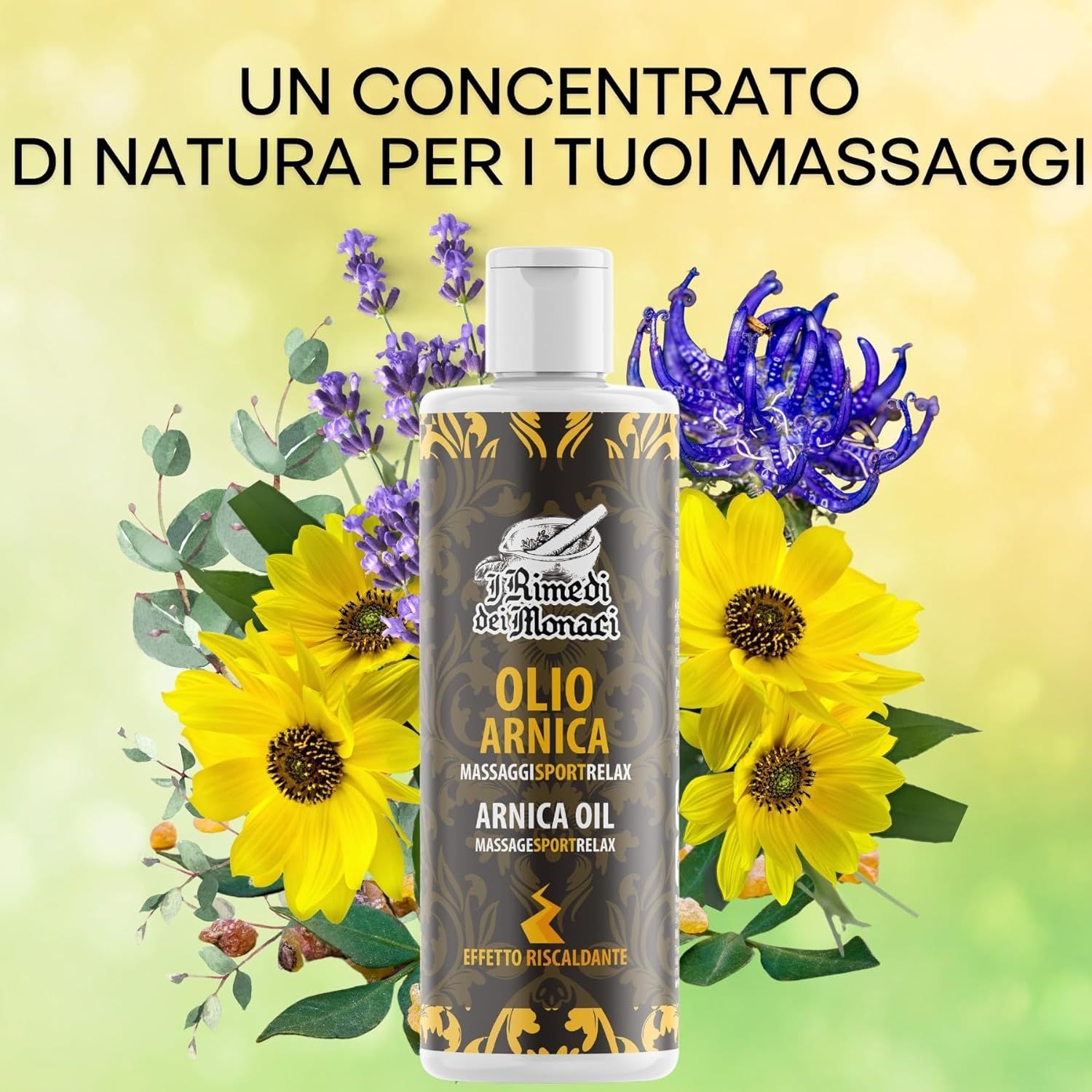 Bouteille avec étiquette : IRimediDeiMonaci Arnikaöl. Entourée de fleurs et de feuilles. Texte : Un concentrato di natura per i tuoi massaggi.