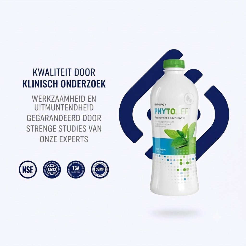 Witte fles met groene dop, gelabeld 'PHYTO LIFE' en bladlogo. Vier certificeringszegels eronder.