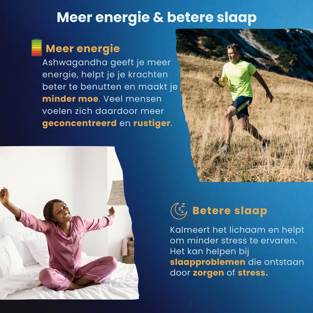 Meer energie & betere slaap. Vrouw in bed, man rent. Ashwagandha geeft meer energie, minder vermoeidheid. Kalmeert het lichaam.