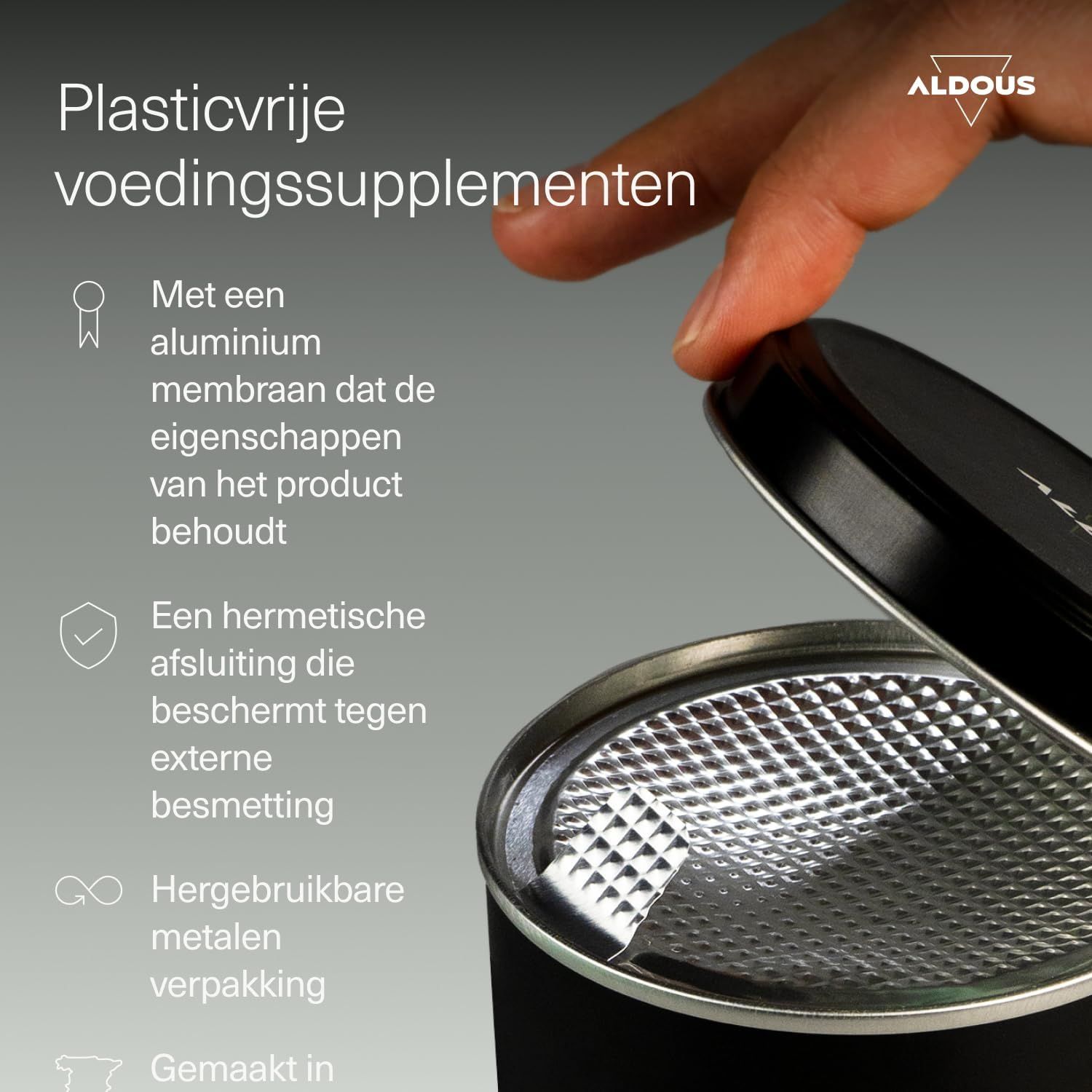 Aldous voedingssupplementen in herbruikbare metalen verpakking met aluminium membraan.