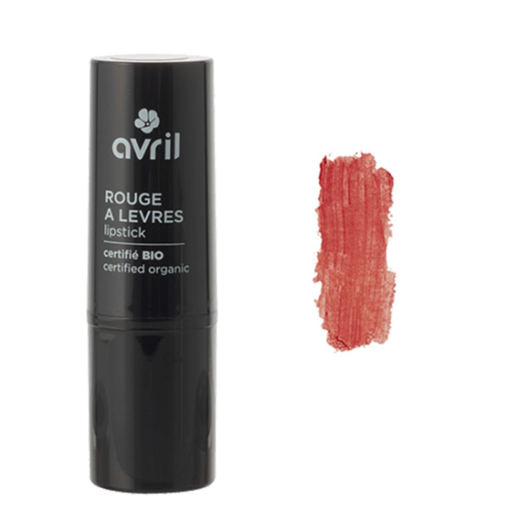 Rouge à lèvres noir Avril, certifié bio, avec inscription. À côté, une trace de rouge à lèvres rose.