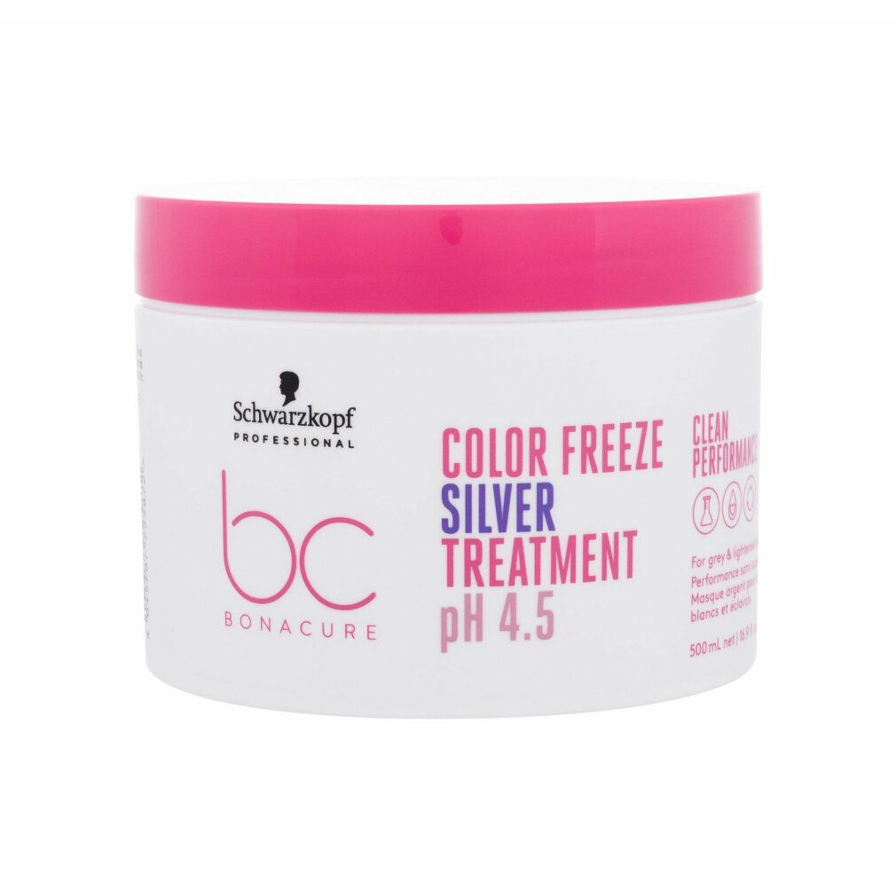 Witte pot met roze deksel. Opschrift: Schwarzkopf, BC Bonacure, Color Freeze Silver Treatment pH 4.5. Voor grijs en gebleekt haar.