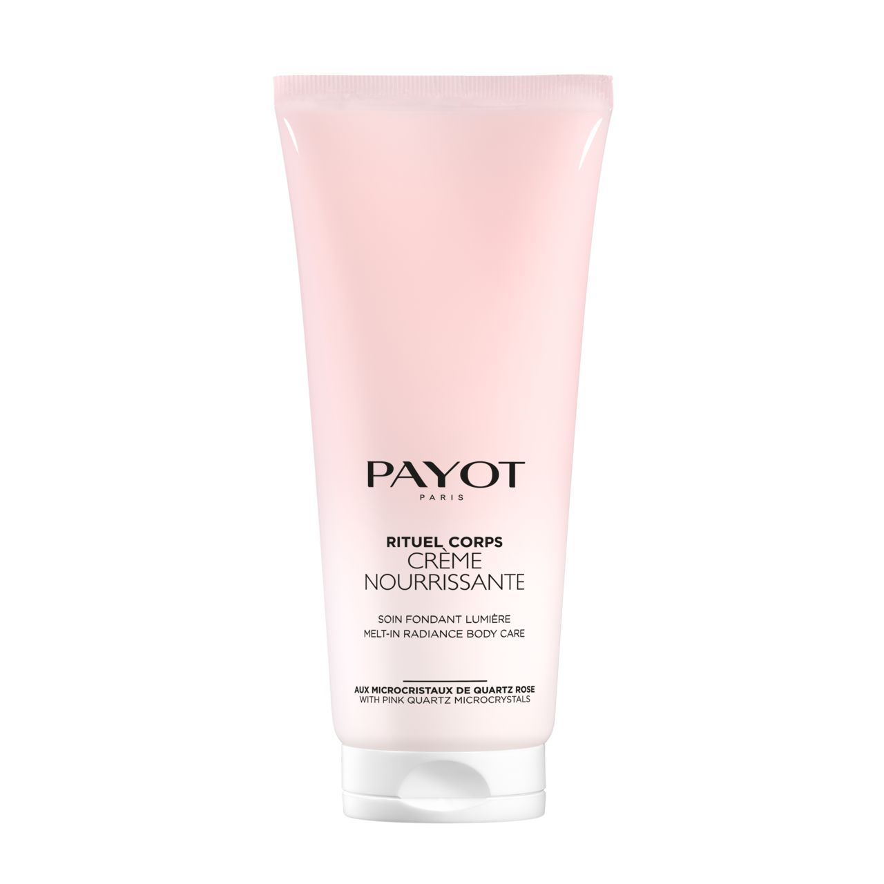 Roze tube met witte dop. Opschrift: PAYOT PARIS, RITUEL CORPS, CRÈME NOURRISSANTE. Tekst: SOIN FONDANT LUMIÈRE, MELT-IN RADIANCE BODY CARE.